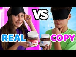 Guessing REAL vs FAKE COPY food! Blindfolded FOOD challenge - Mimi Locks VS Josh