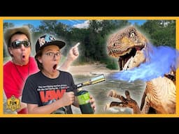 Giant Dinosaurs at Real Jurassic Park as Raptor Battles LB & Aaron the FunQuesters!