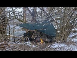 Wilderness BUSHCRAFT VIBES in Rainy SNOW | logs for skis, feather stick fire making...