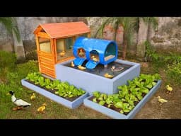 Eco-friendly duck house and fish pond from recycled materials