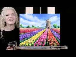 WINDMILL TULIP FIELD- Learn How to Draw and Paint with Acrylics-Landscape Paint & Sip at Home Lesson