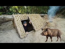 Building a Warm and Cozy Fallen Tree Survival Shelter. Bushcraft Dugout at the Root of an Old Stump