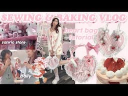 SEWING + BAKING VLOG 🍓🍰 heart bag tutorial, thrift flip + haul, daily aesthetic vlog ୨୧