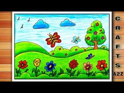 Spring Season Drawing | Flowers and Butterfly Drawing | Beautiful Garden Drawing | Nature Scenery