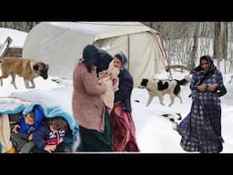 Mahbooba's return to the village shelter on a snowy day next to Esmat