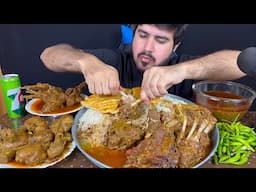 ASMR; Eating Spicy Mutton Chops Curry+Spicy Chicken Legs Curry+Rice+Green Chilli || Mukbang