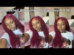 Bombshell Burgundy 99j Curly Glue lessHD Lace  Ft World New Hair