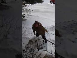 Woman Keeps Slipping While Climbing Up Snow Covered Stairs