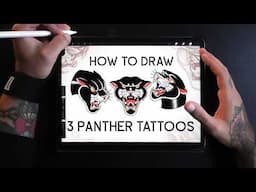 How to easily draw 3 panther tattoos | Traditional Tattoo Art Tutorial