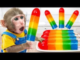 KiKi Monkey make Fresh Rainbow Jelly Ice Cream by fruit to do Cooking Challenge | KUDO ANIMAL KIKI