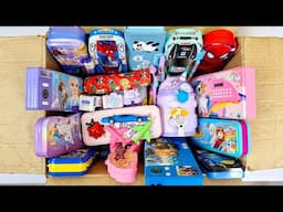 Different types of stationery items - pencil box, sharpner, eraser, piggy bank, calculator, colour