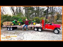 Farm delivery with kids ride on semi truck and trailer, tractor, forklift. Educational | Kid Crew