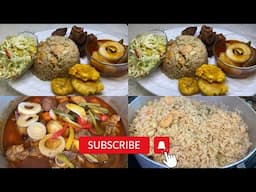 Seafood rice with beans / fried pork / fried plantains / sauce / spicy pickle aka Pikliz