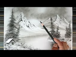 Real time pencil drawing of a winter landscape in Bob ross's style.