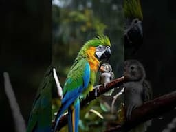 Mother's Parrot and a Baby Standing Under The Rain