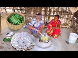 Sea Small fish curry with salgom and Mulo shak vaji cooking & eating by santali tribe old couple