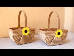 LOVELY FLOWER BASKET OUT OF CARDBOARD | Easy Cardboard Basket Craft For Beginners | Arts & Crafts