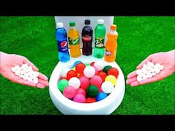 Satisfying Video l Toys Ball & Coca Cola , Fanta , Sprite , Pepsi , 7Up vs Mentos in the Toilet