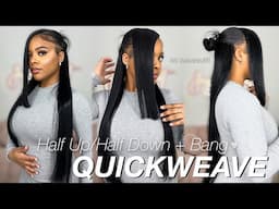 HOW TO : DIY HALF UP HALF DOWN + BANG QUICKWEAVE! NO LEAVEOUT 💇🏽‍♀️💕🎀 Detailed Tutorial